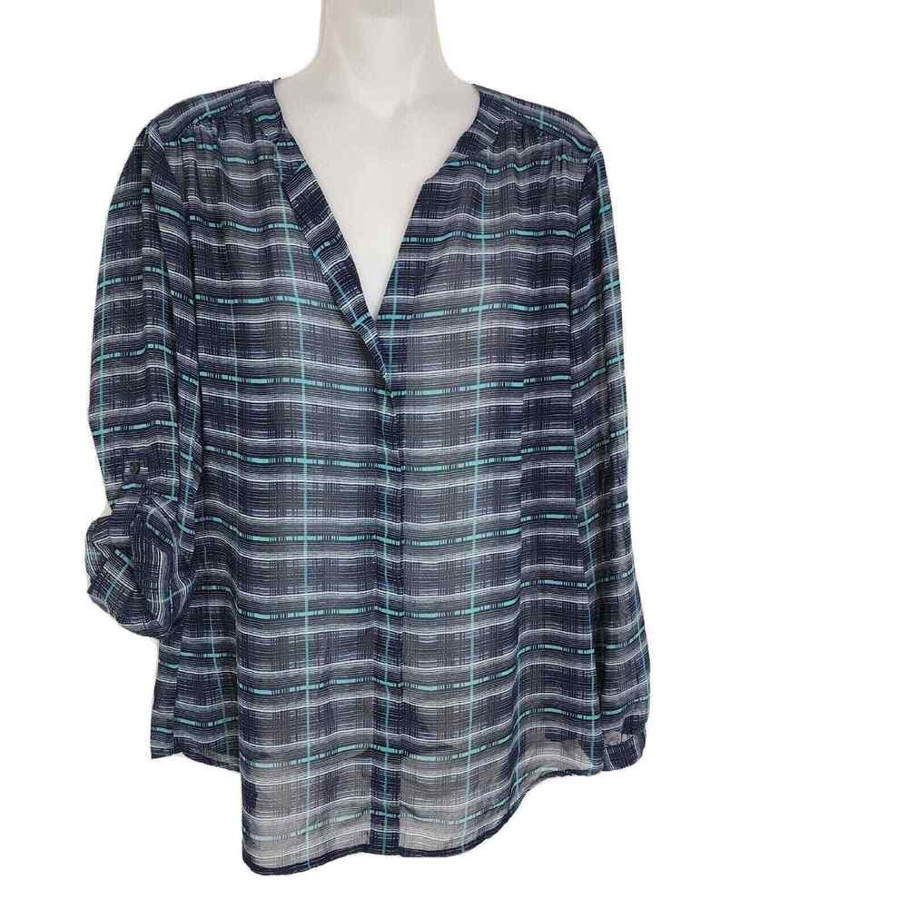 Ann Taylor LOFT Women Top Petite Medium Plaid Sheer Roll Tab Sleeve Popover Blue